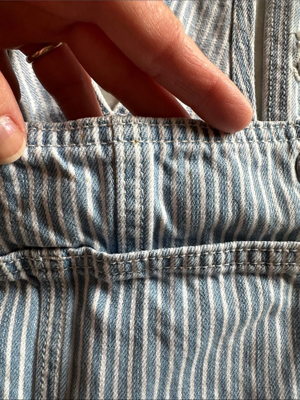 Old Navy Girls’ Blue and White Railroad Striped Raw Hem Short Overalls